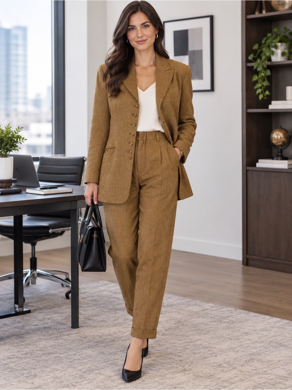 The Limited Vintage Tailored Pleated High-Waist Trousers Suit in Camel Brown (2)